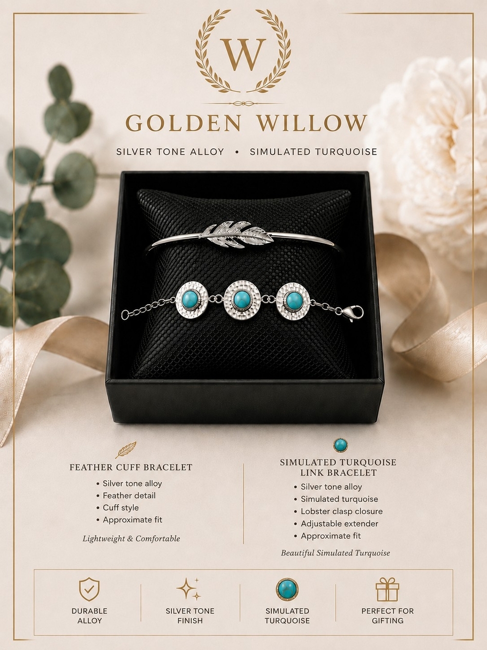 Silver-Tone Feather Cuff & Turquoise Link Bracelet Set - Turquoise